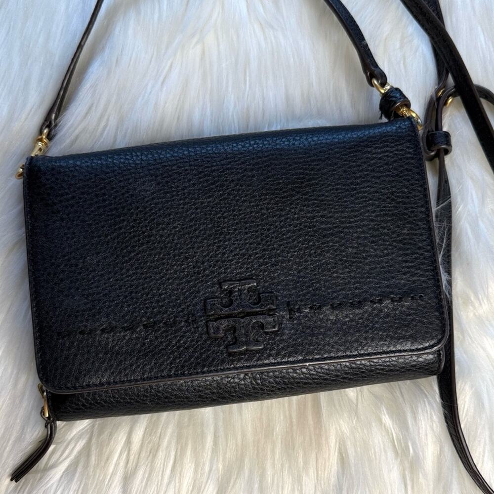 Tory Burch Black McGraw Flat Leather Wallet Crossbody - Picture 3 of 10